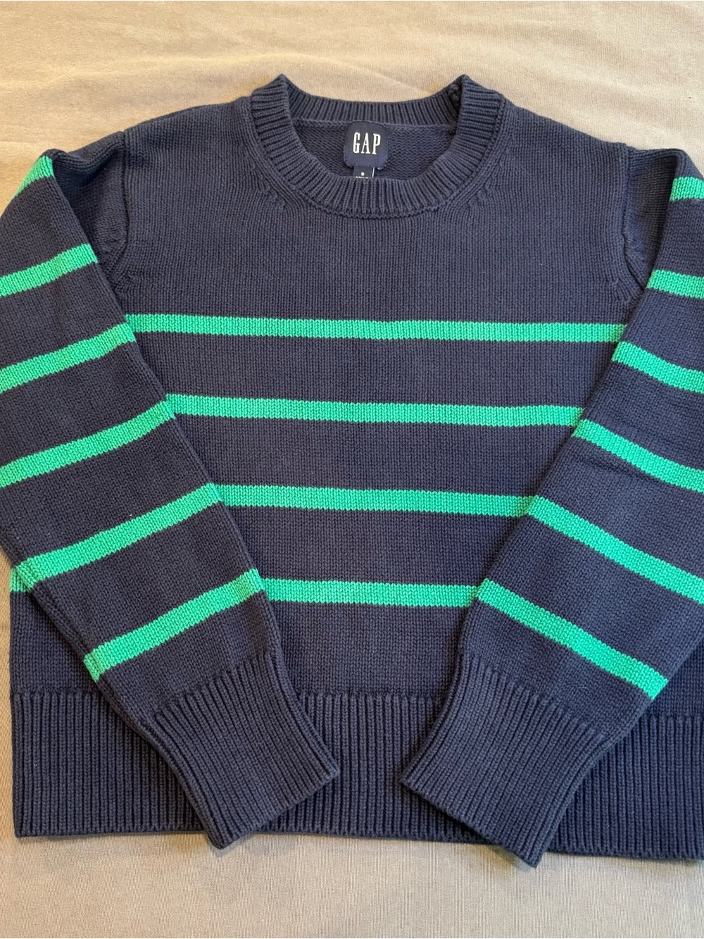 GAP Women's Navy Crew Neck Sweater with Green Stripes 100% Cotton Pullover Small